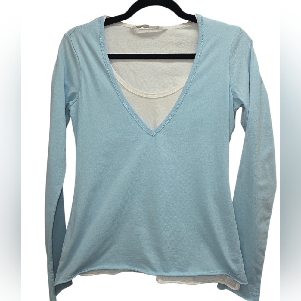 Athleta Blue Layered V-Neck Long Sleeve Cotton Top Embroidered Back Size S 45263 - Picture 2 of 5